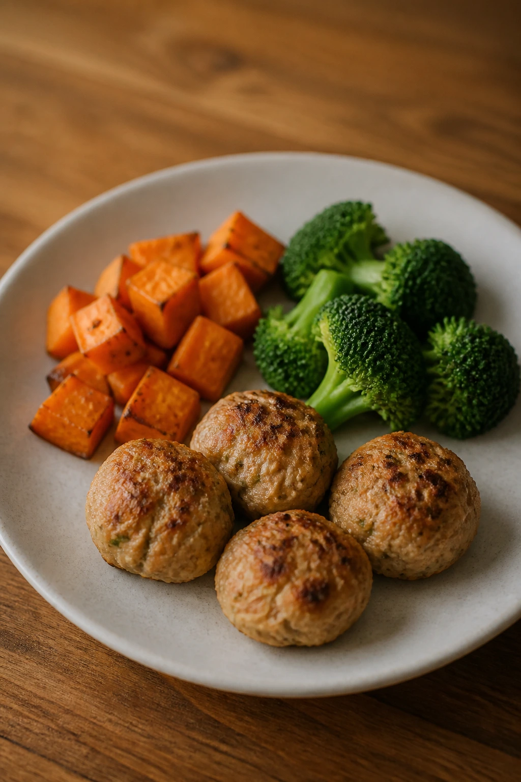 Calm, simple toddler dinner plate in warm kitchen lighting