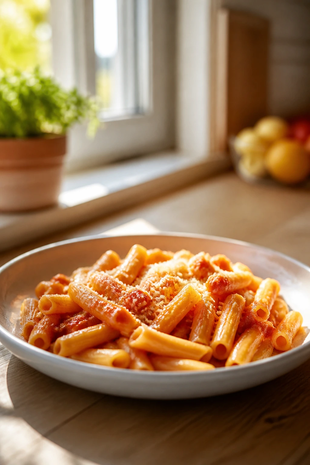 Plate of mild pasta dish on a wooden table in sunny kitchen