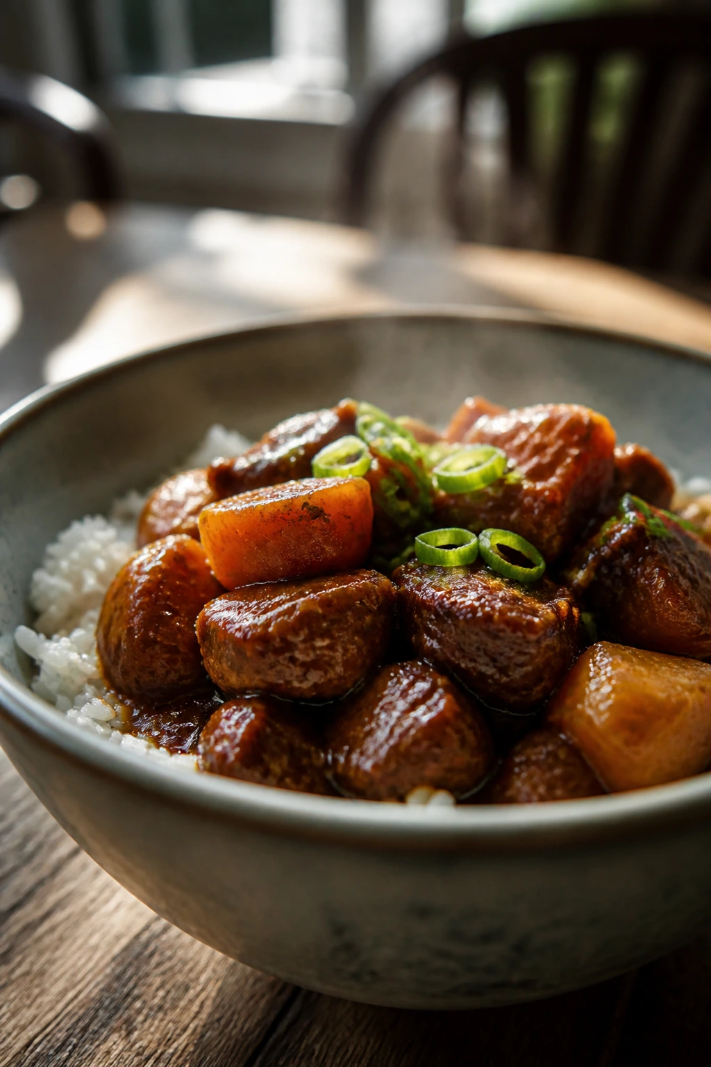 Steaming bowl of slow-cooked dish over rice on a rustic table with warm sunlight