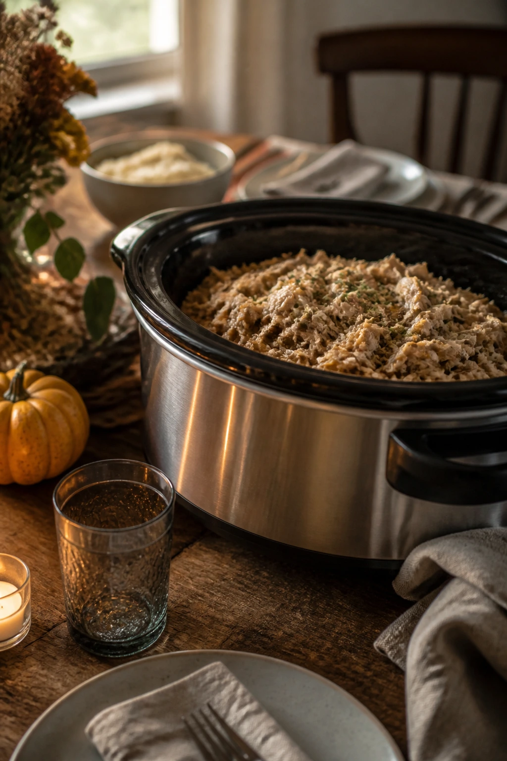 Calm dining table with a single slow cooker as centerpiece in warm room