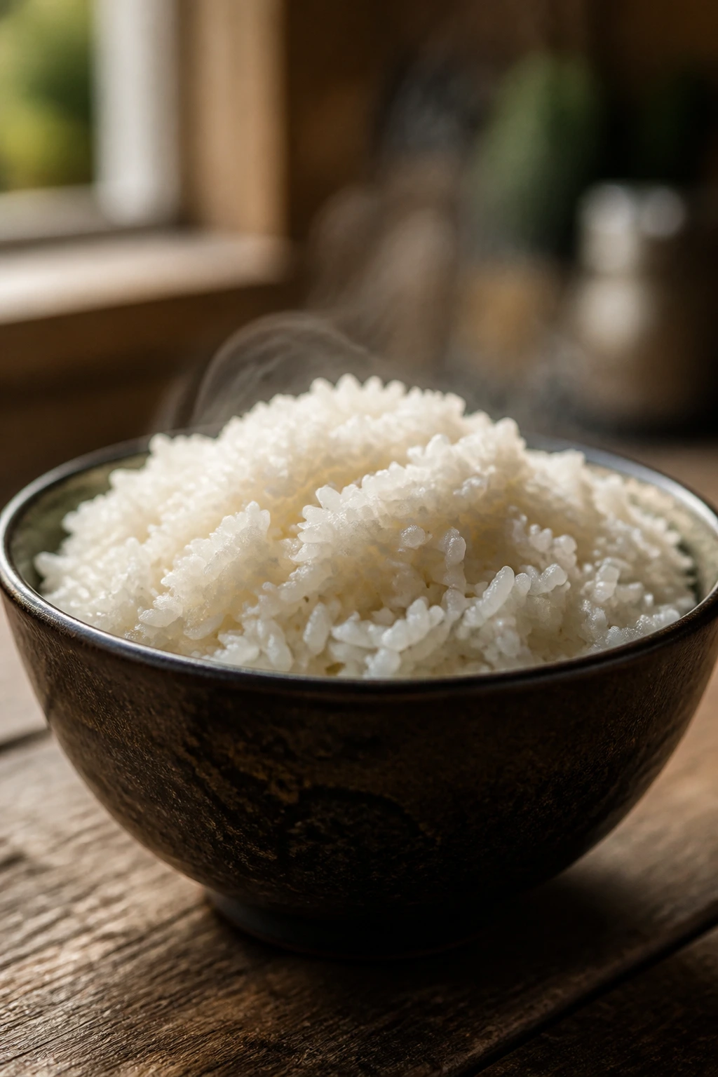 Steaming bowl of crockpot rice on a wooden table