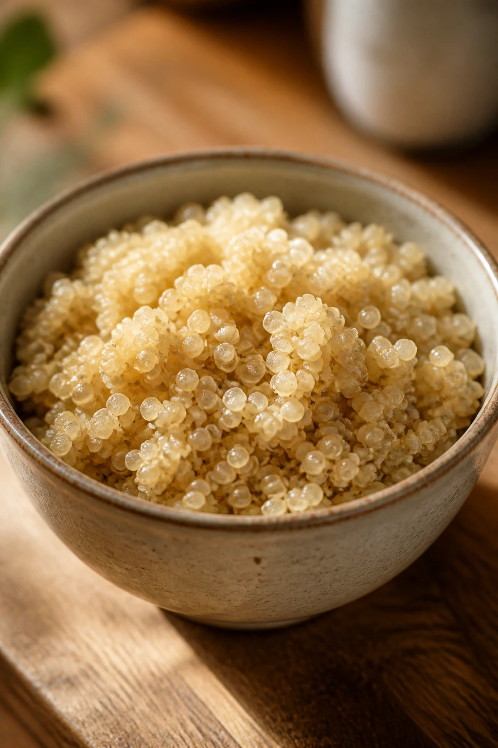 Quinoa base bowl on wooden counter