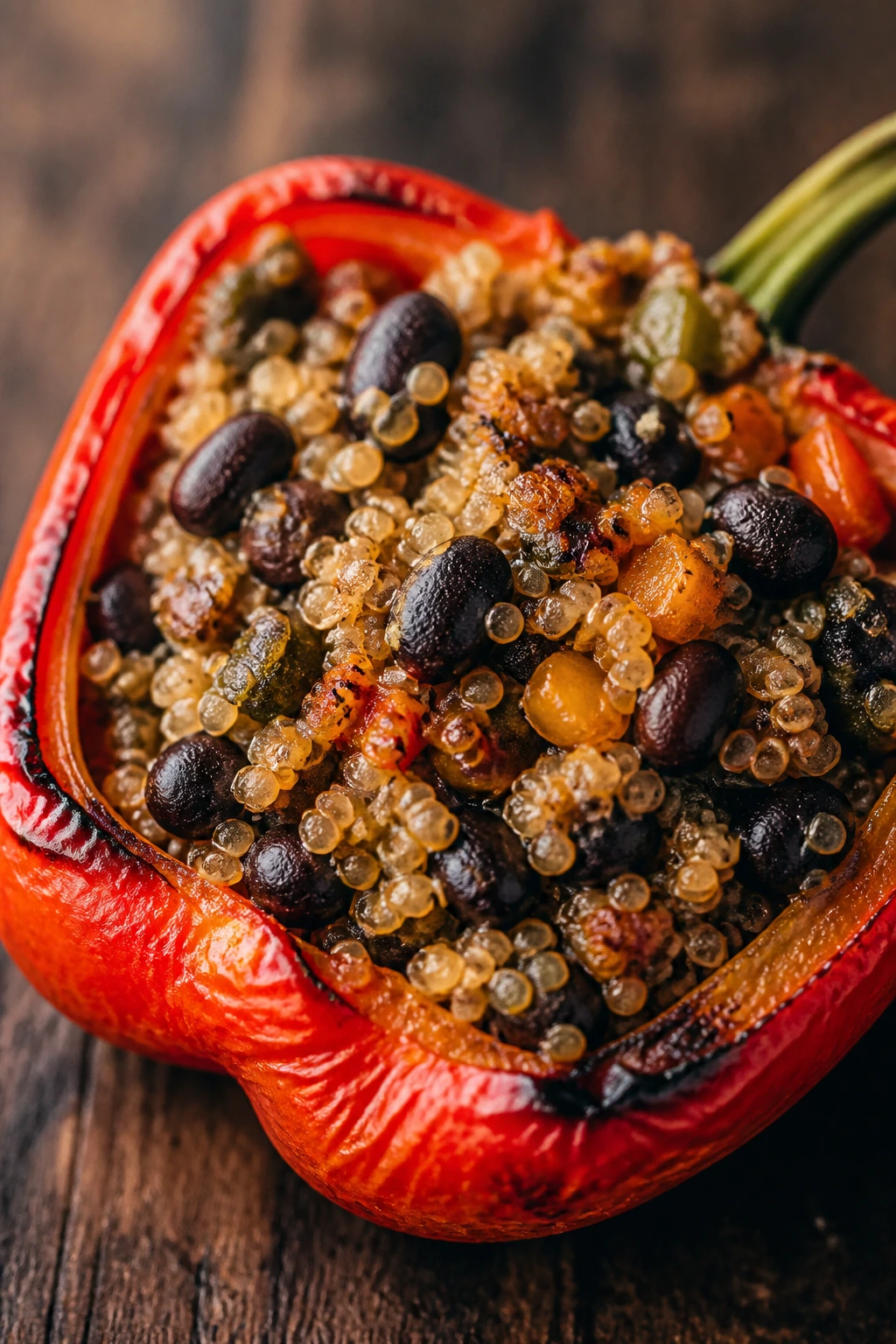 Close-up of a stuffed bell pepper half with quinoa and black beans