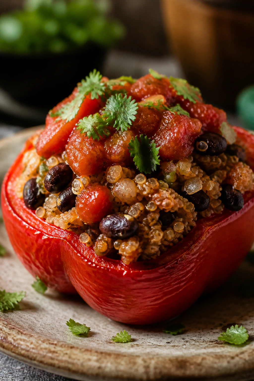 Halved stuffed red bell pepper with quinoa and black beans