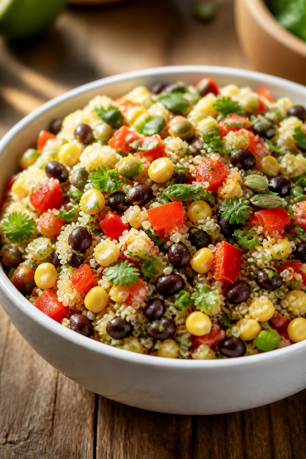 Close-up of Southwest Quinoa Salad with Black Beans in a white bowl with colorful peppers and corn
