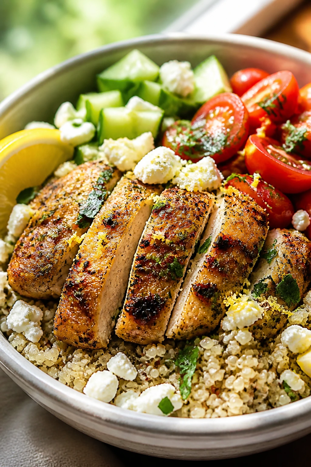 Lemon-herb chicken quinoa bowl with cucumber and feta