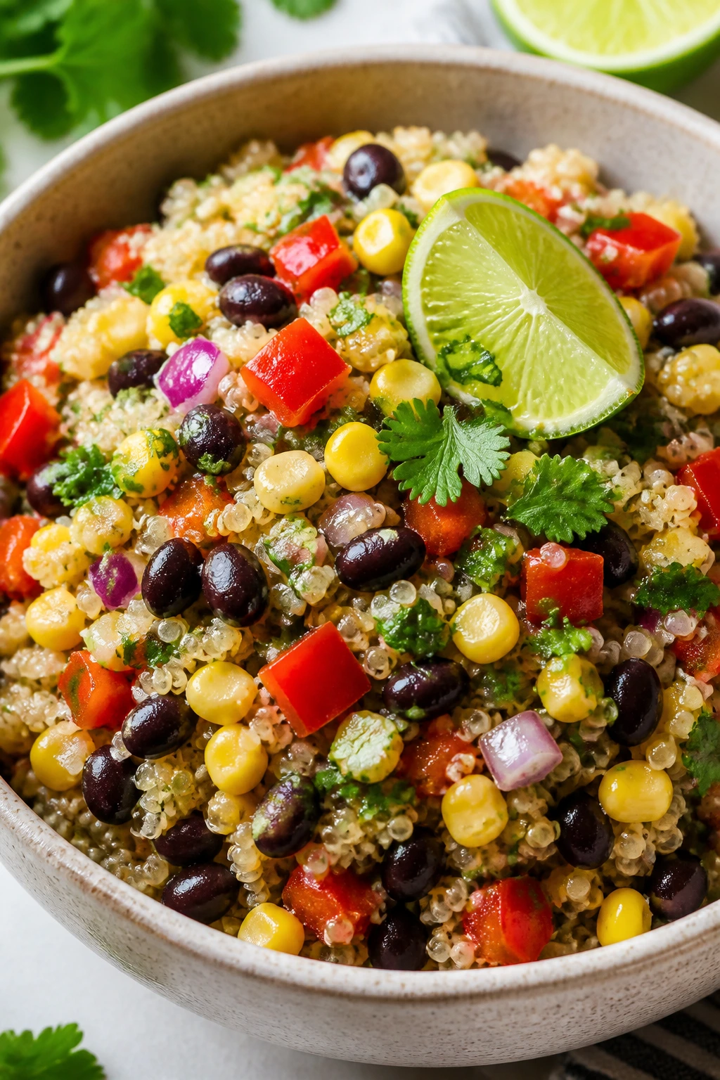 Colorful Southwestern quinoa bowl with beans and corn