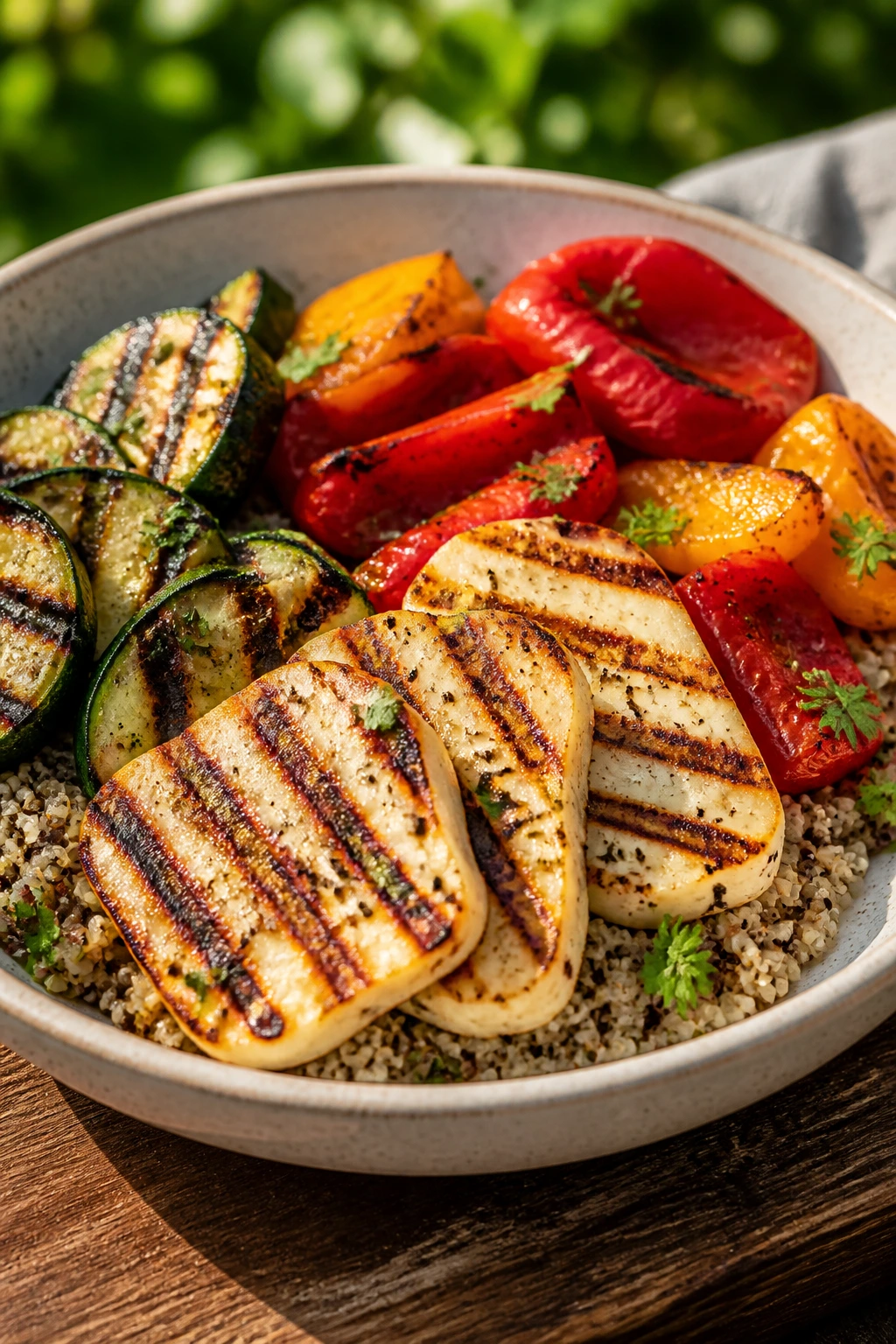 Close-up Grilled Vegetable Quinoa Bowl with Halloumi on a picnic setup