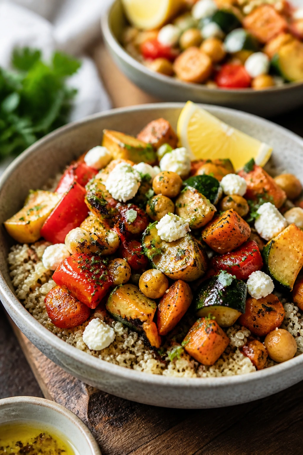 Quinoa bowl with roasted vegetables and feta.