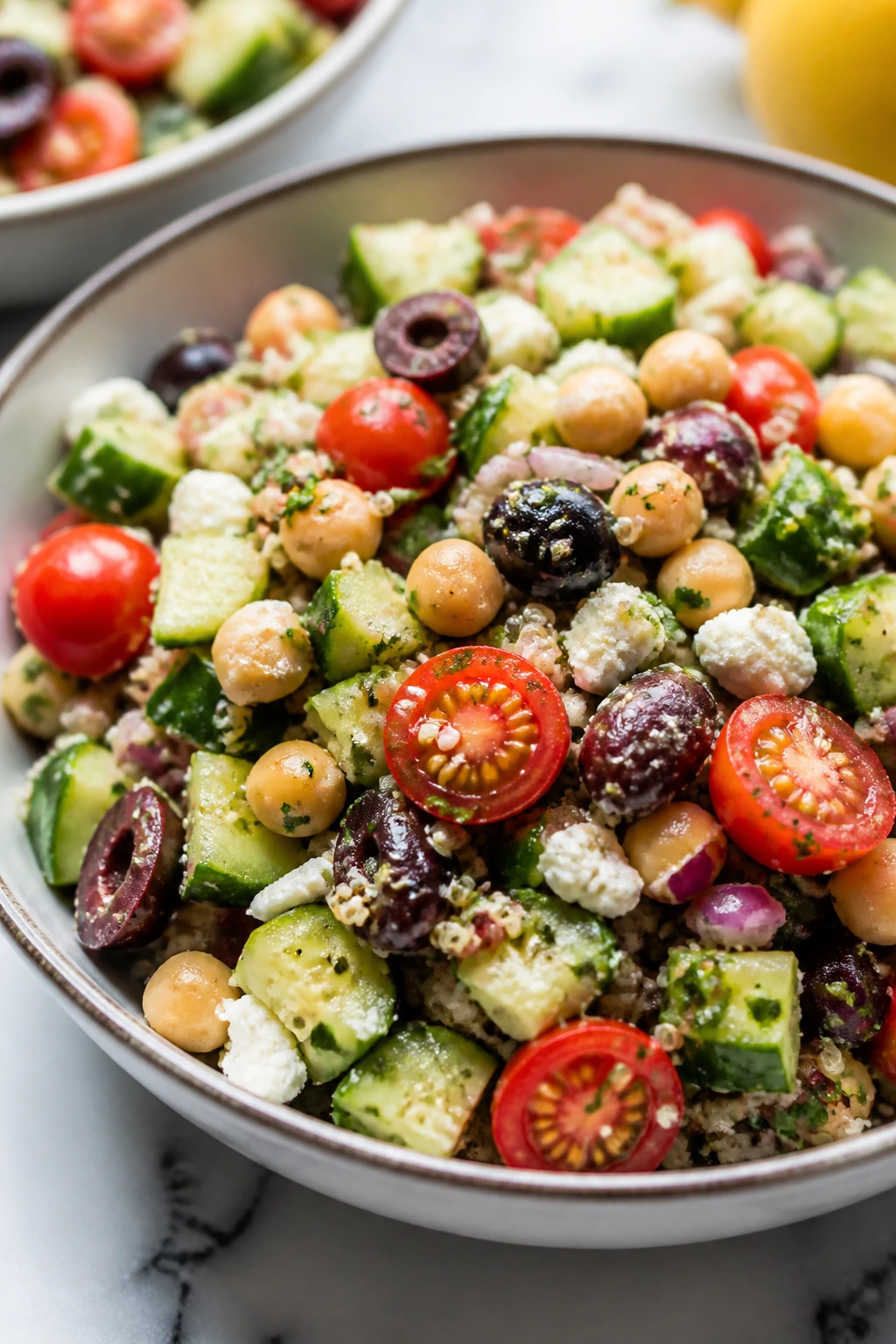Vibrant quinoa chickpea Greek salad bowl with feta olives and vegetables