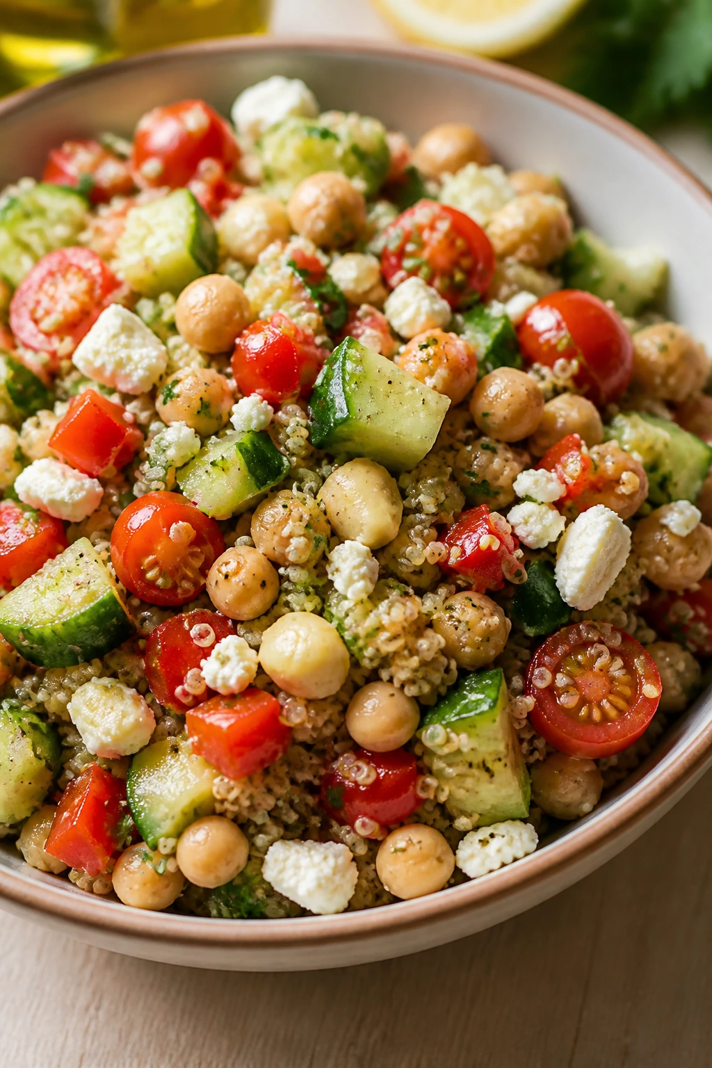 Quinoa chickpea salad in a bowl with feta on a wooden surface