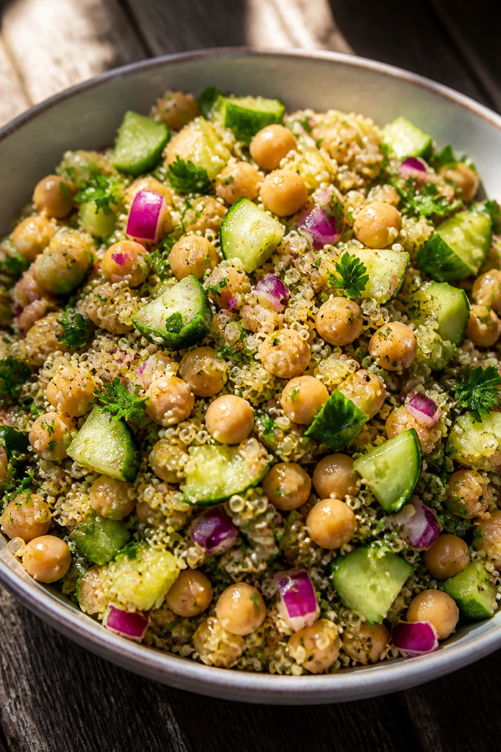 Bowl of quinoa chickpea salad with cucumber and parsley on wood table