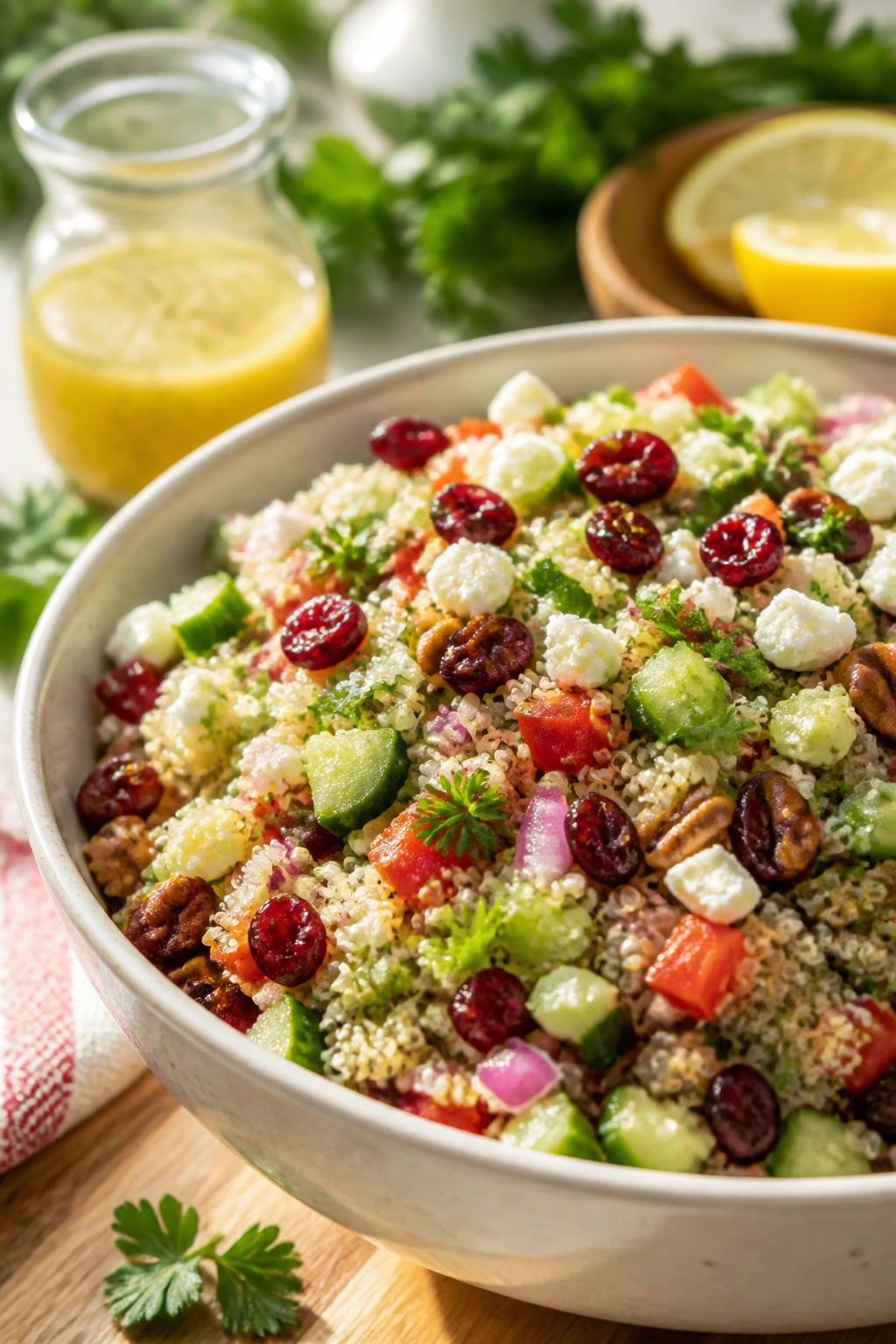 Colorful quinoa salad with cranberries and vegetables in a bowl