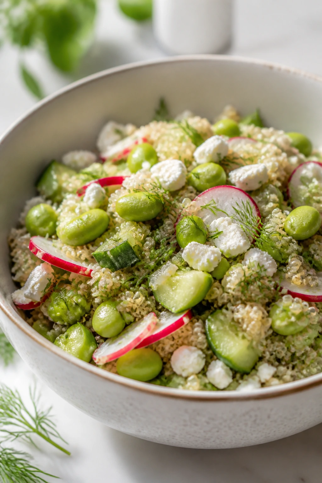 Close-up of quinoa salad with edamame and dill in bright kitchen