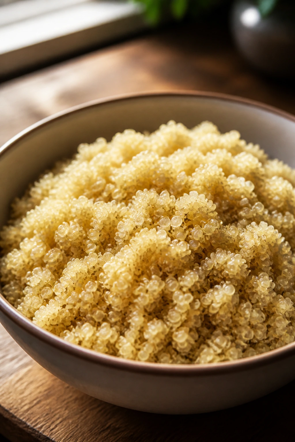 Fluffy quinoa grains close-up in a bowl