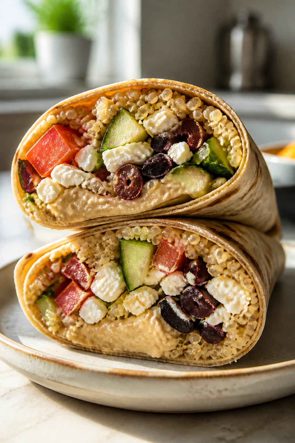 Close-up of Greek quinoa hummus wrap filling