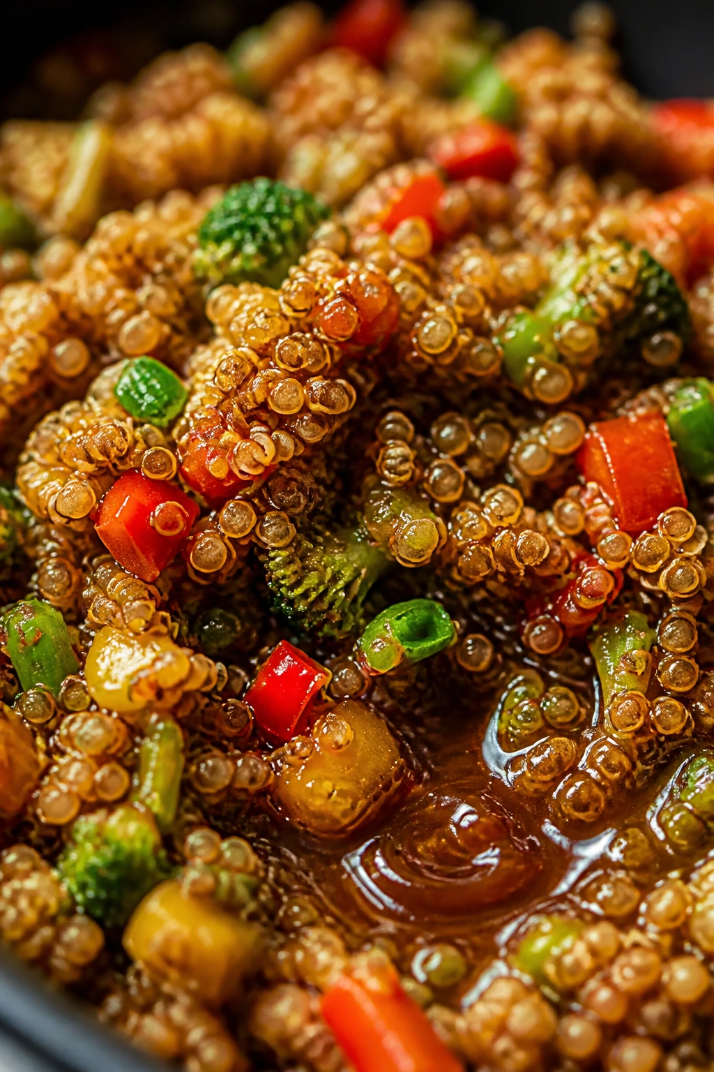 Macro shot of quinoa grains with sauce and vegetables