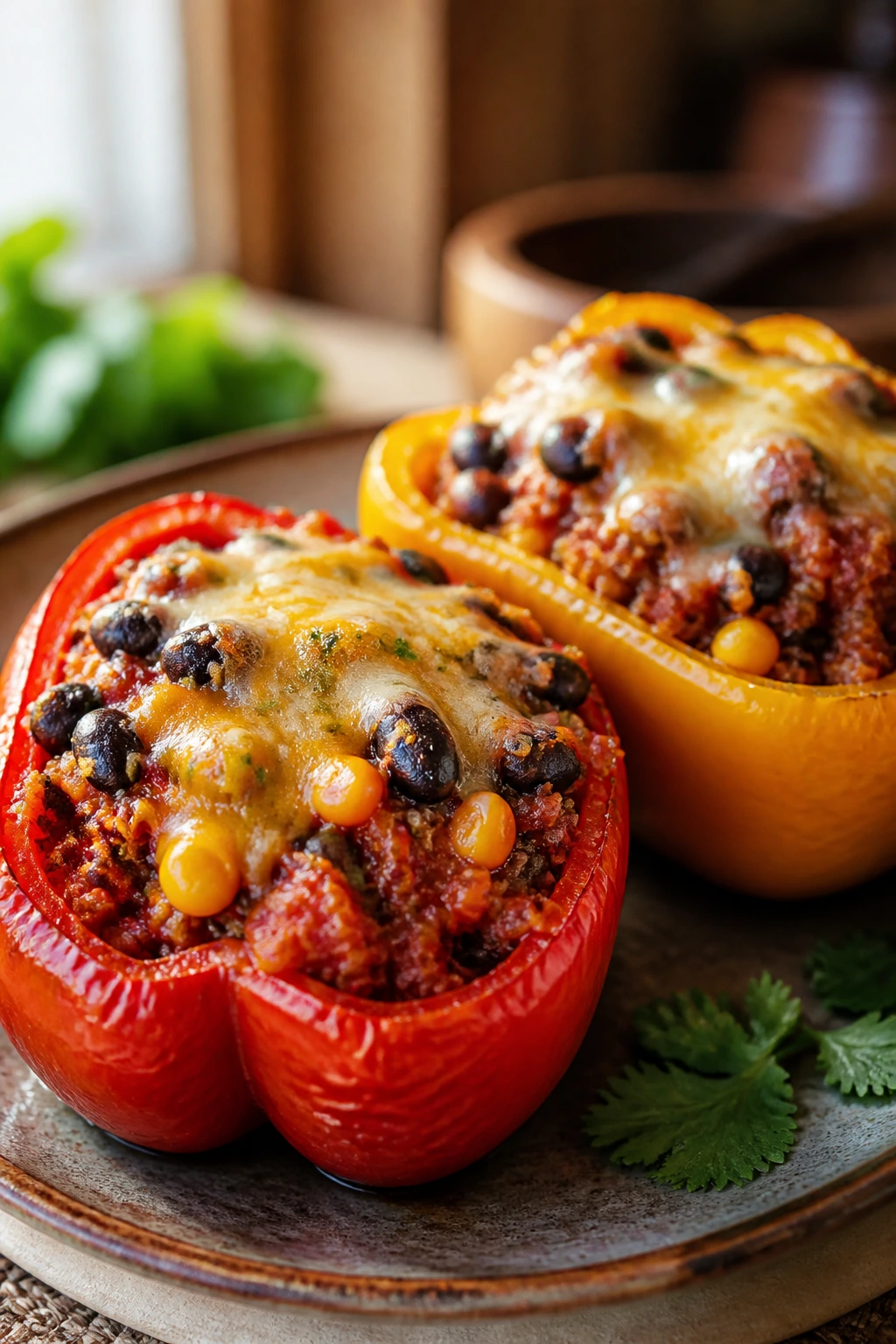 Close-up of quinoa stuffed peppers with beans and cheese on a plate