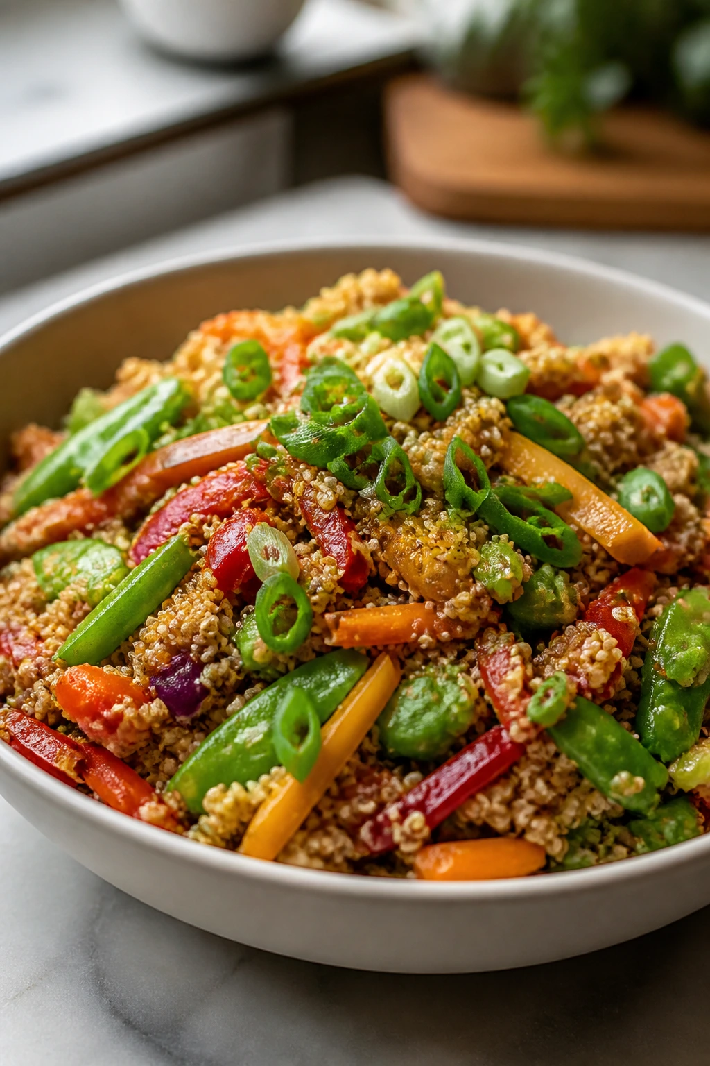 Quinoa stir fry plated in a wide shallow bowl ready to eat.