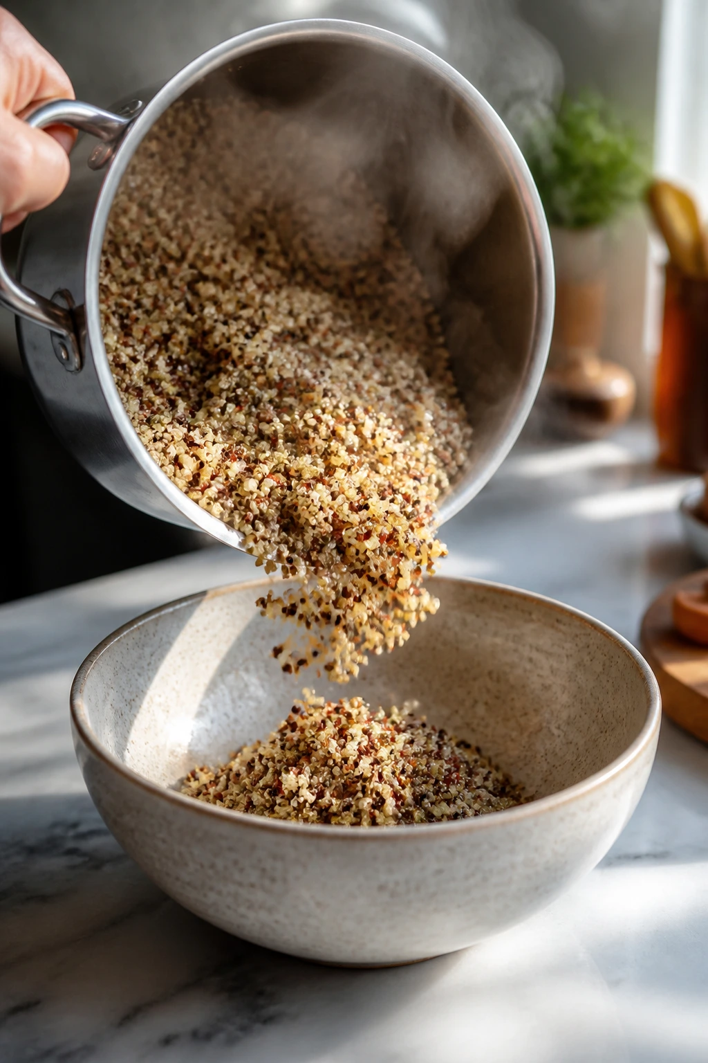 Quinoa pouring from pot into bowl with steam
