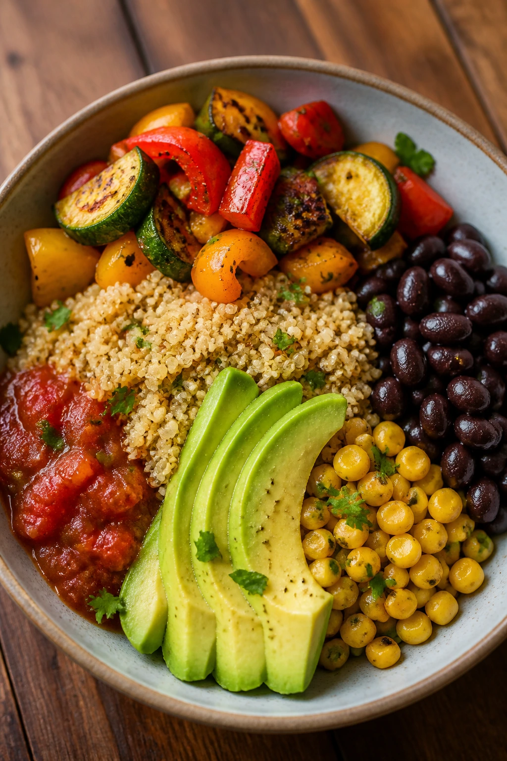Colorful quinoa bowl with roasted vegetables and avocado