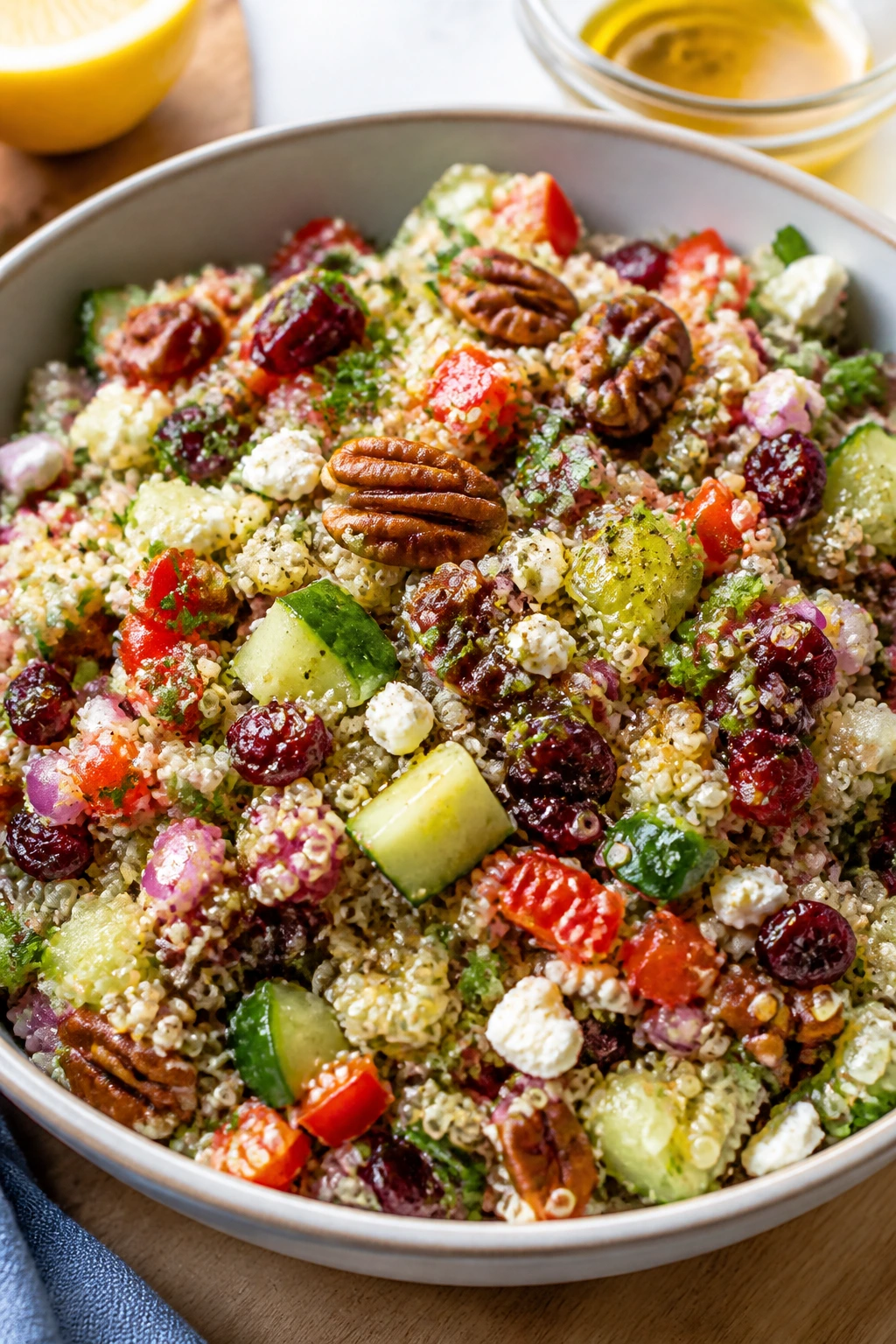 Close-up of zesty cranberry quinoa salad with citrus dressing in a bowl on a kitchen counter
