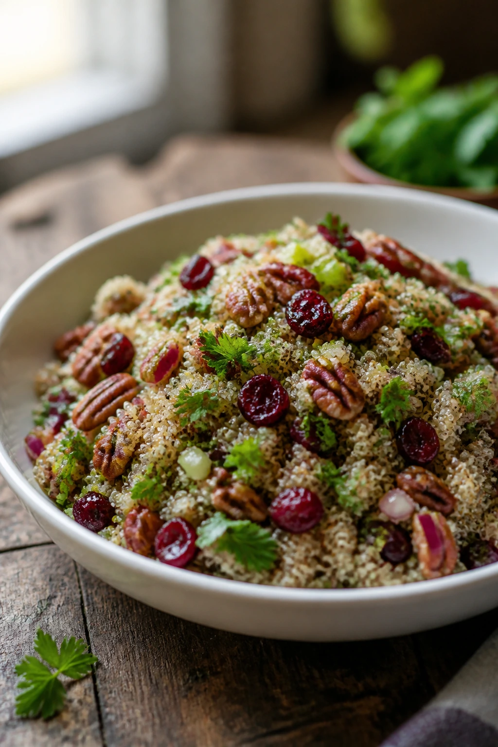 Close-up of bright quinoa cranberry salad in a shallow bowl with herbs and pecans