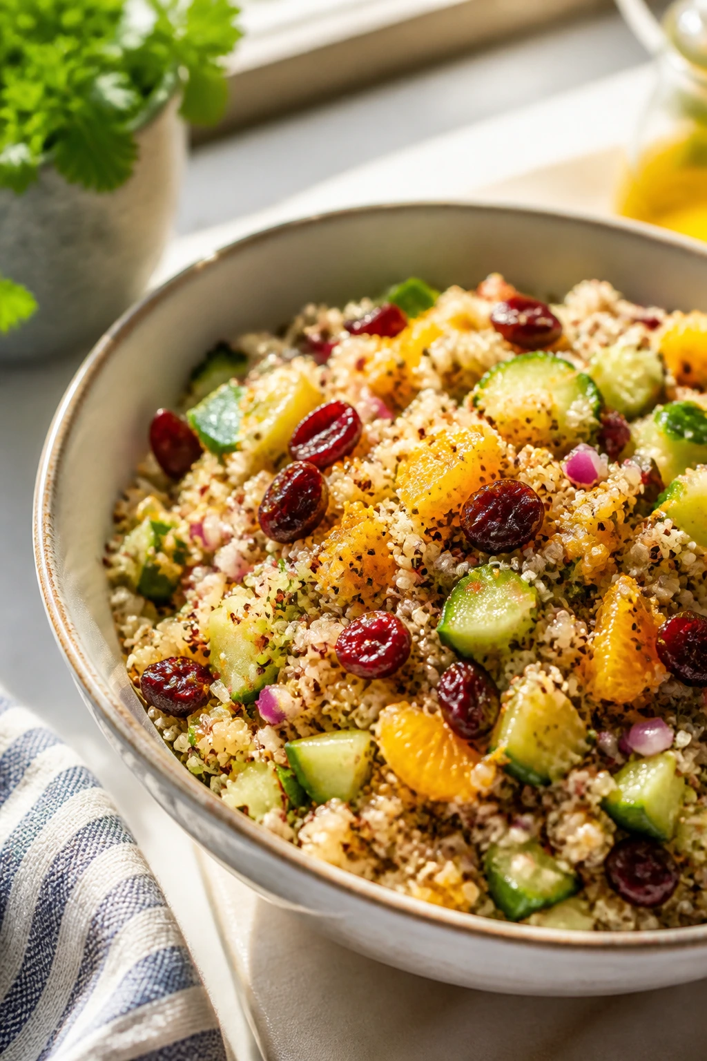 Close-up of quinoa cranberry salad in a bowl on a bright kitchen counter