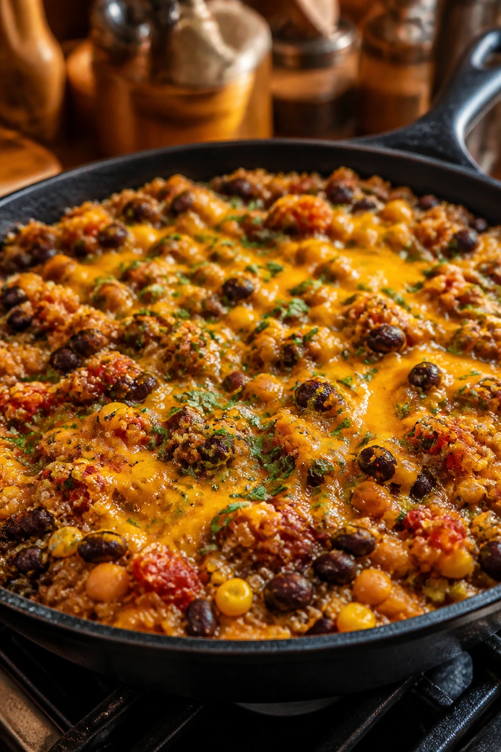 Skillet of Tex-Mex quinoa with beans and corn