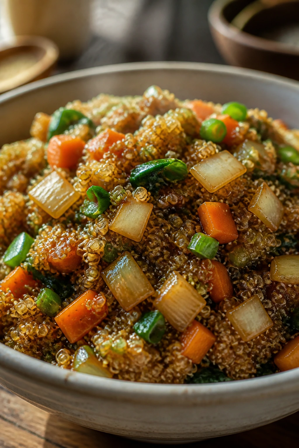 Plated quinoa stir fry in a bowl with vegetables and glossy sauce