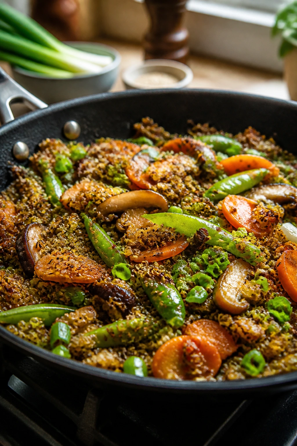 Close-up of finished quinoa stir fry in a hot skillet with colorful vegetables