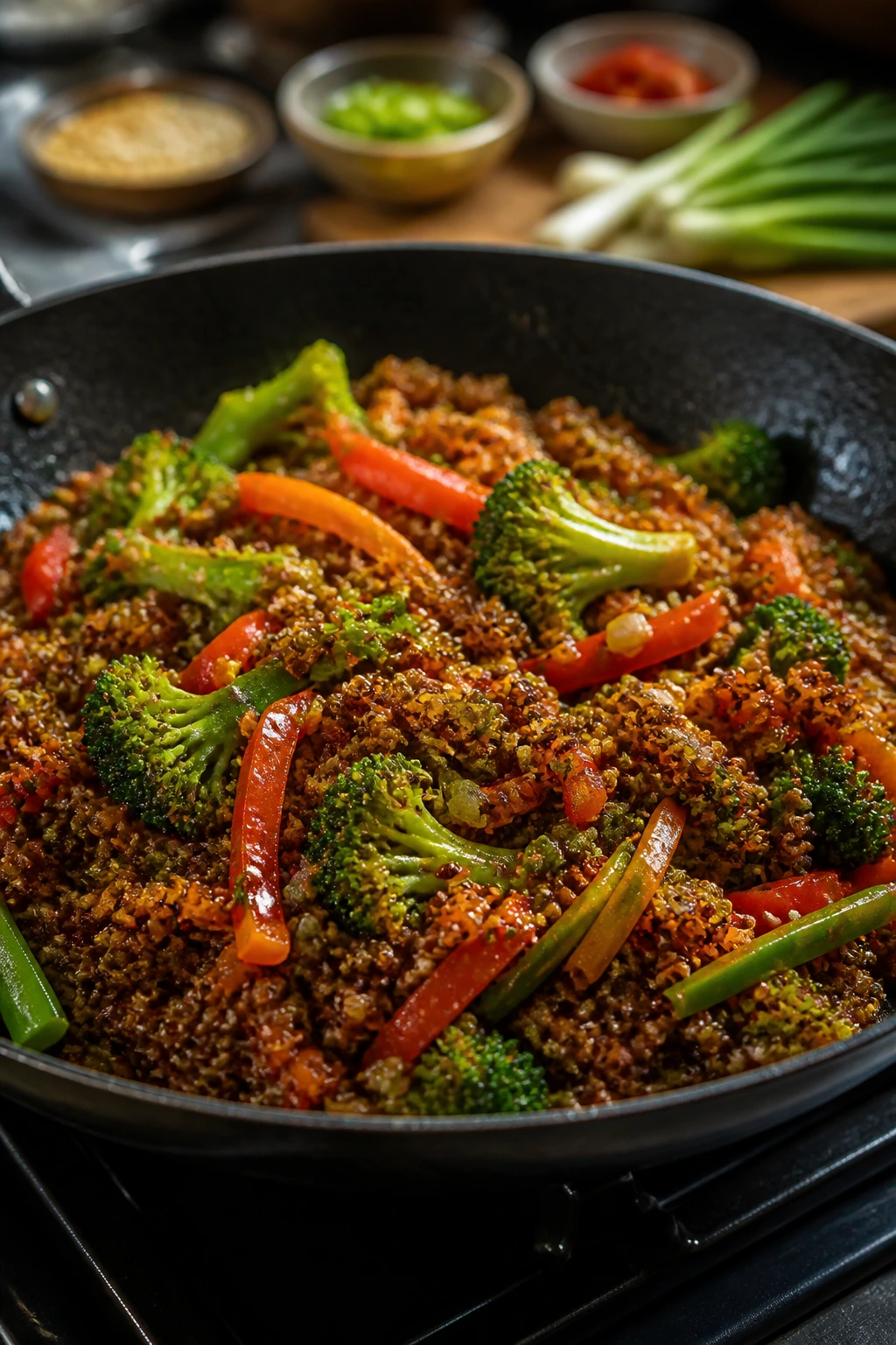 Close-up of quinoa stir fry showing sauce-coated grains in a skillet
