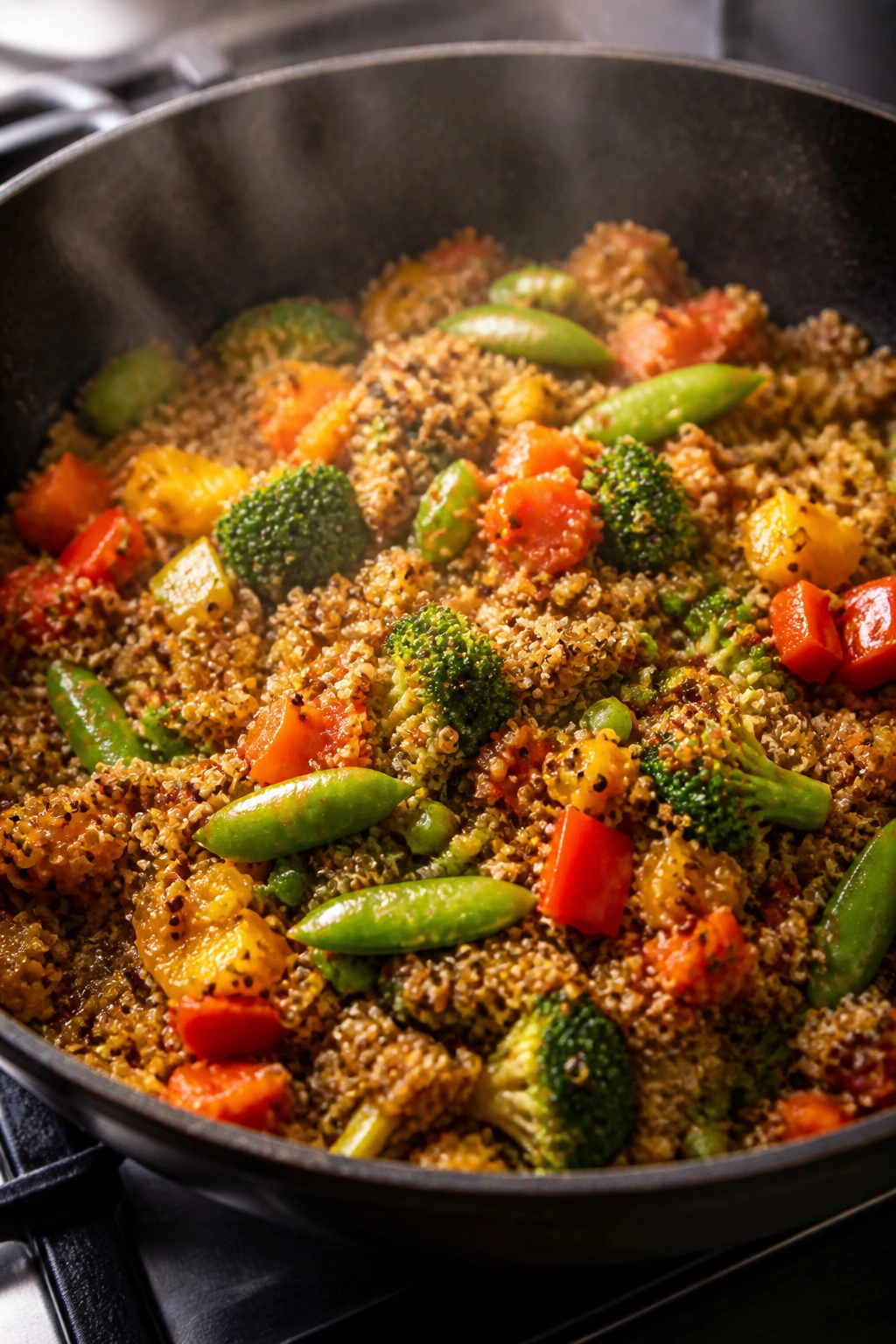Close-up of quinoa stir fry in a skillet on a kitchen stove.