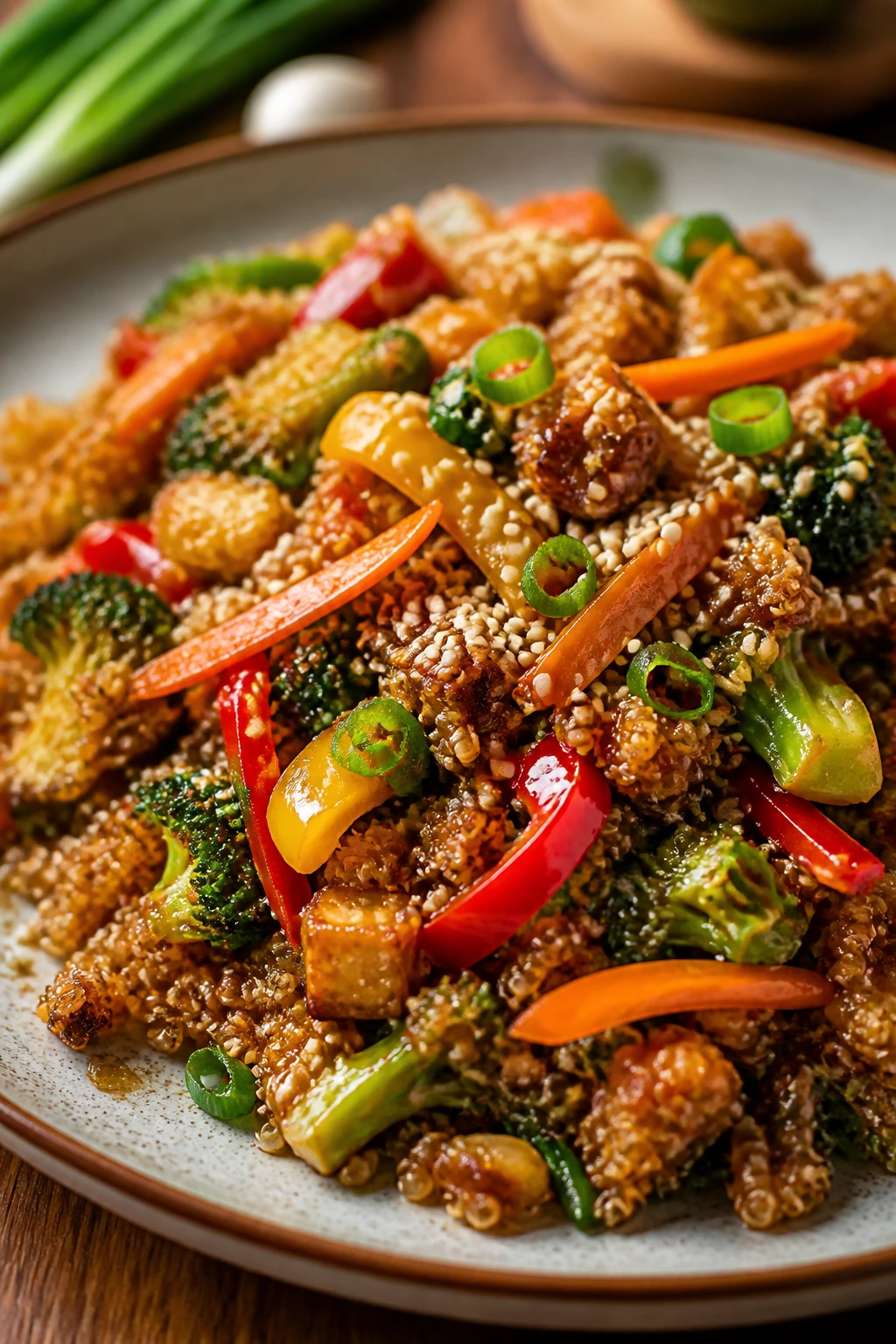 Plated quinoa stir fry with vegetables and glossy sesame-ginger sauce