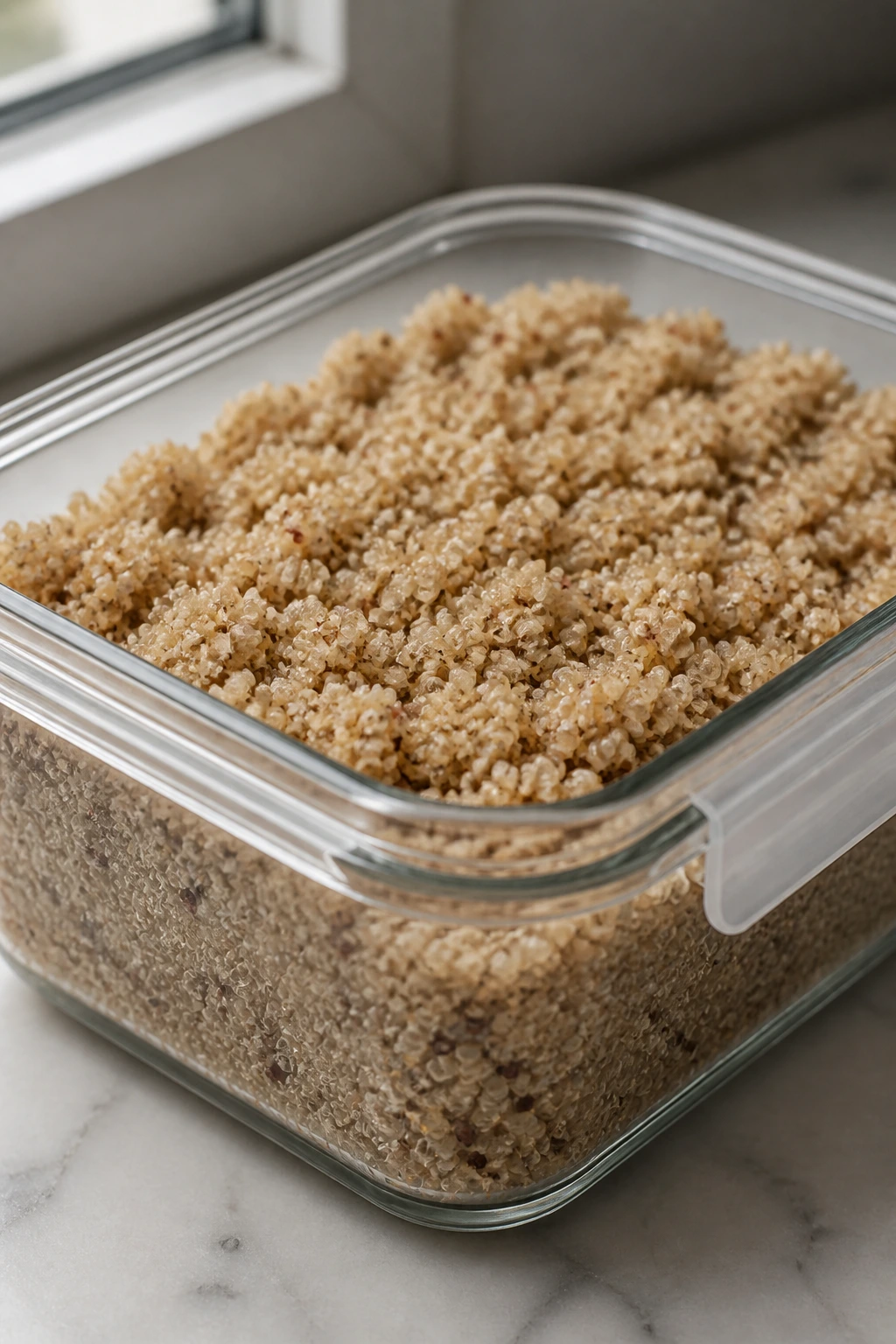 Airtight container with cooked quinoa for make-ahead storage
