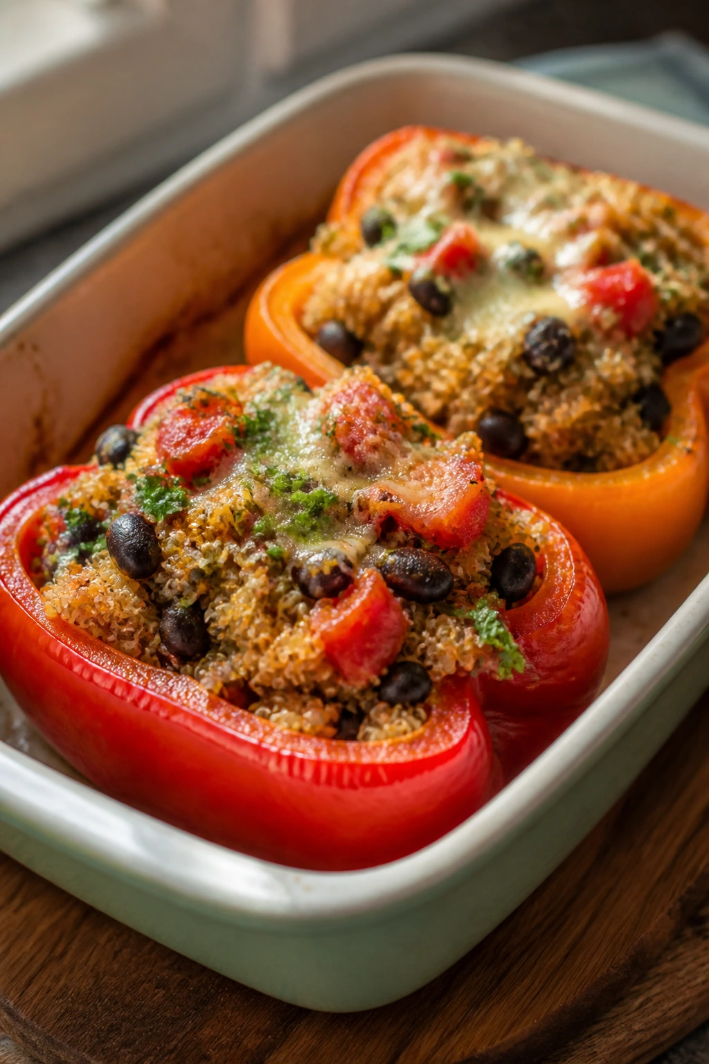 Close-up of quinoa stuffed peppers in a baking dish with vibrant peppers and filling