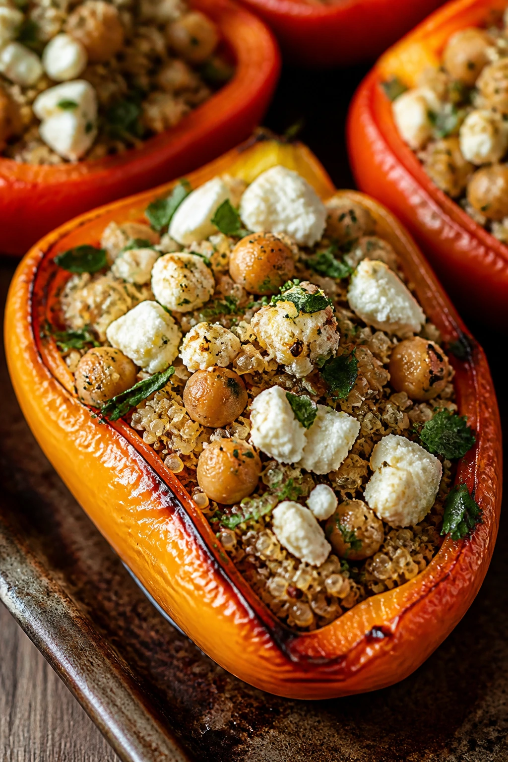 Close-up of quinoa stuffed pepper with feta filling.