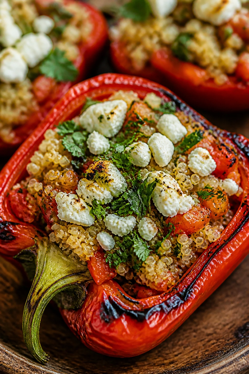 Close-up of quinoa stuffed bell pepper with feta and herbs