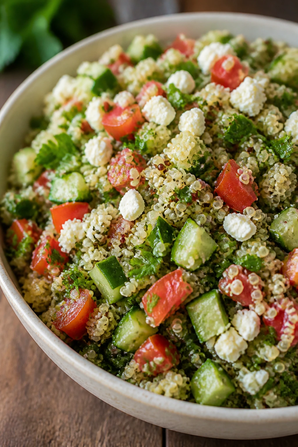 Quinoa tabbouleh with feta, cucumber, tomatoes on a bright bowl