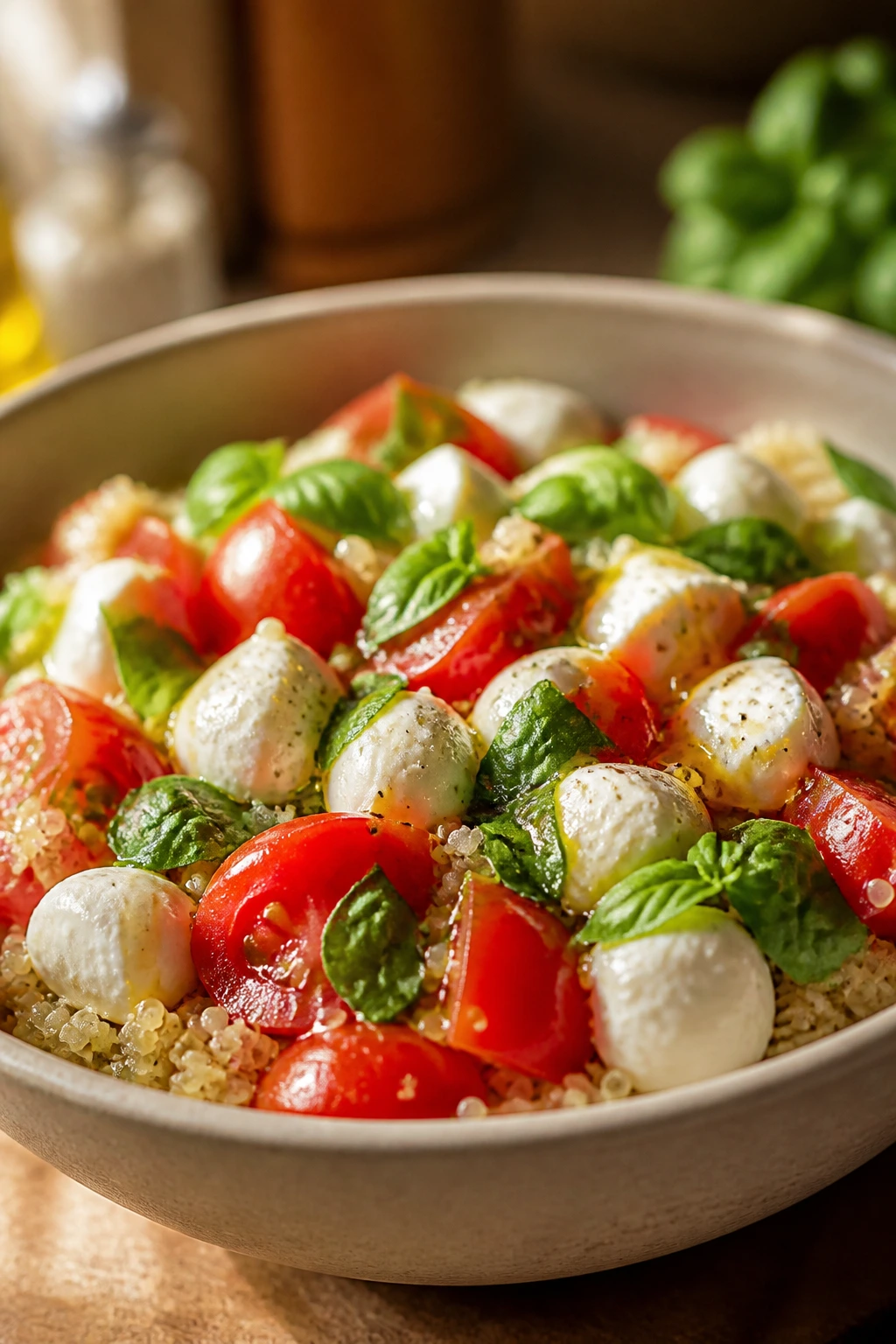 Caprese quinoa bowl with visible ingredients and textures
