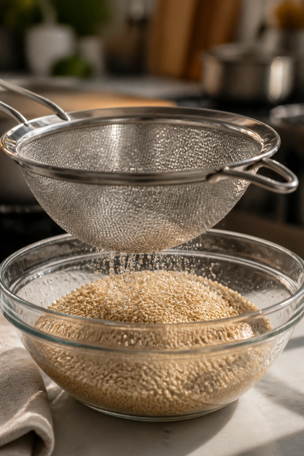 Fine-mesh strainer above a bowl of rinsed quinoa in a kitchen