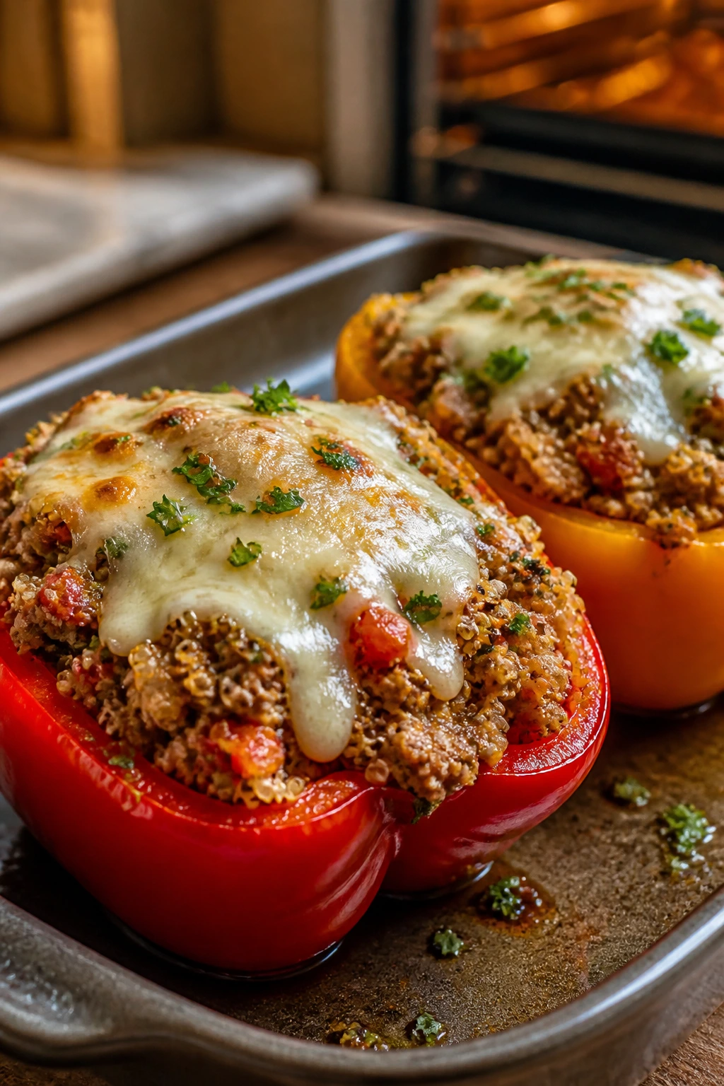 Quinoa turkey stuffed peppers on a baking dish