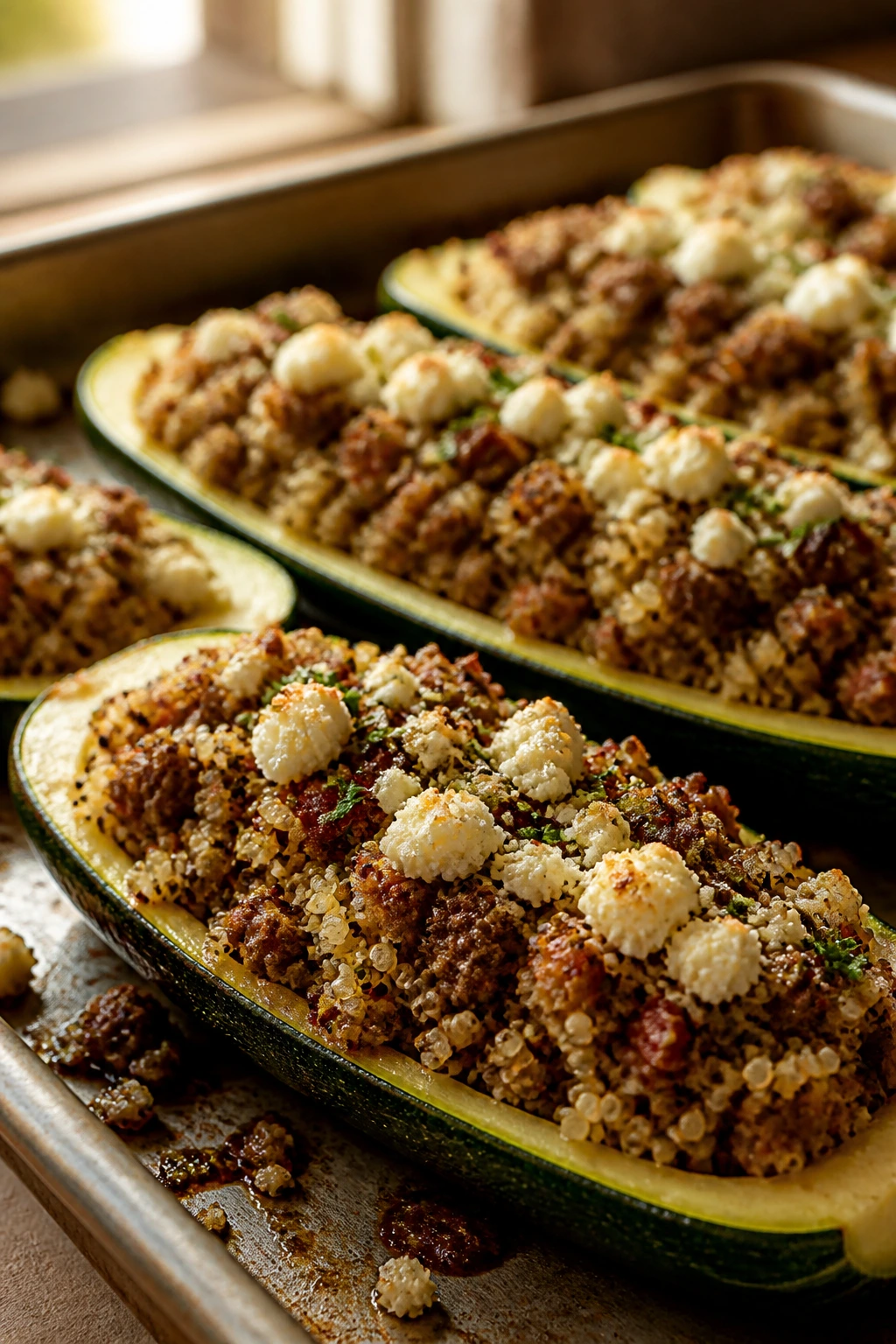 Close-up of quinoa-stuffed zucchini boats with beef and feta on a baking sheet