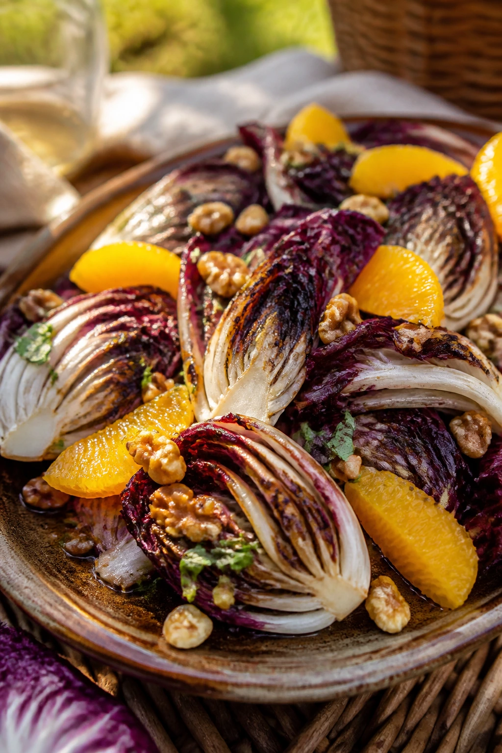 Charred radicchio with orange segments and walnuts outdoors