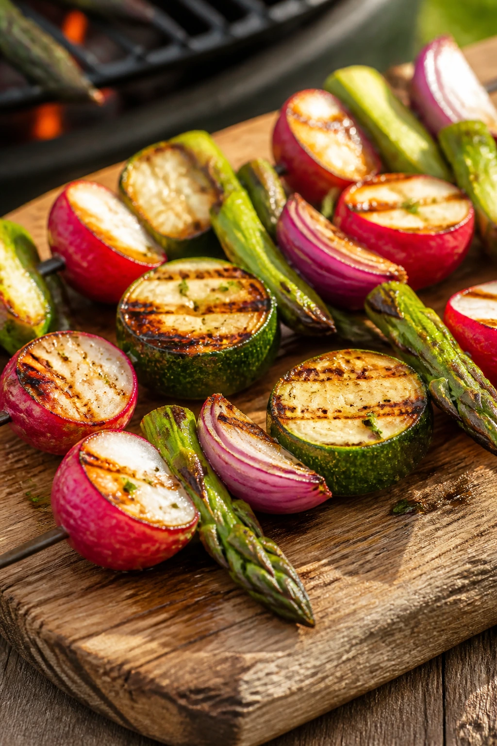 Close-up of radish, asparagus, and zucchini skewers on a rustic board with grill marks
