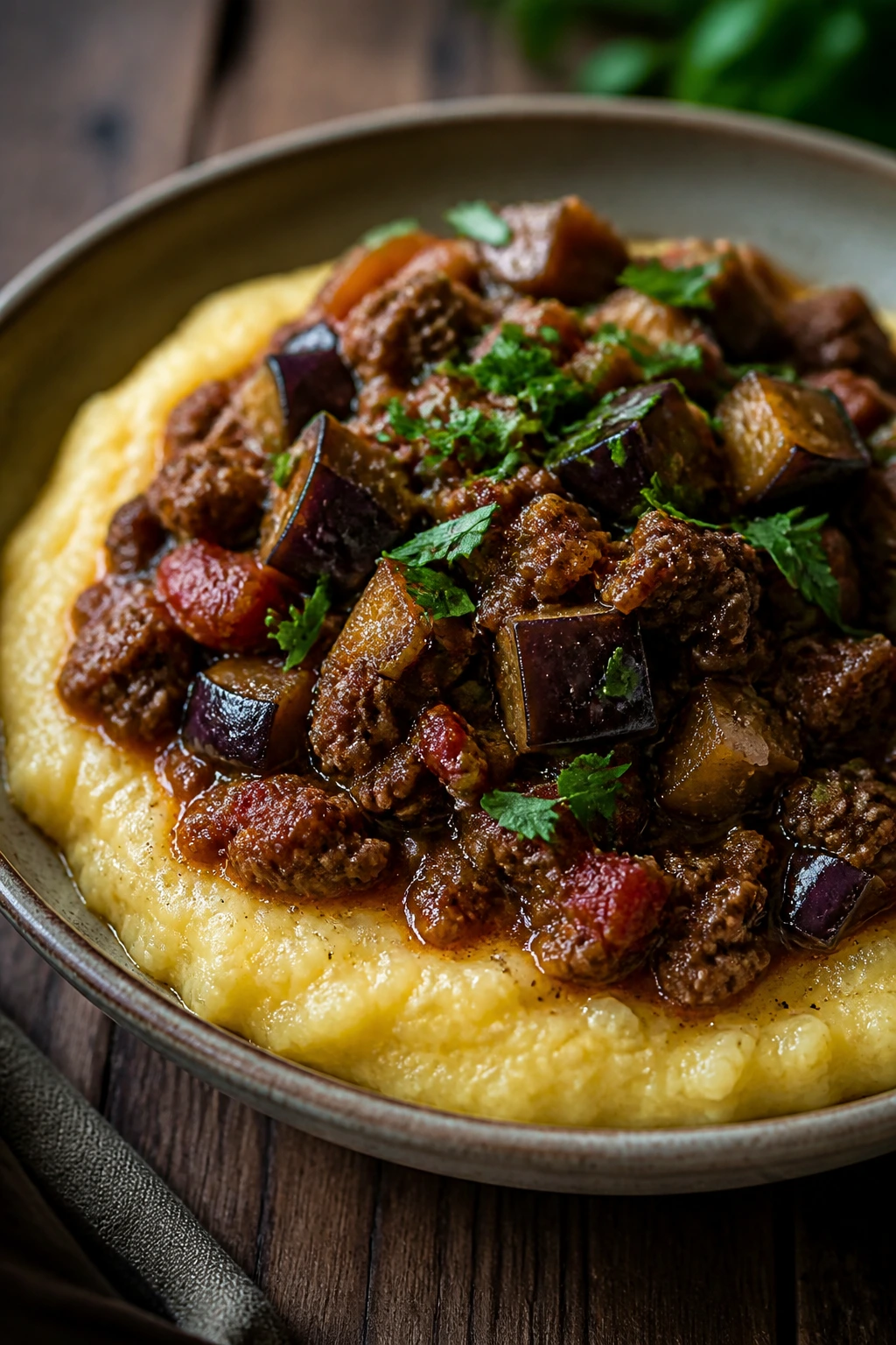 Ragout over polenta in a wide bowl with eggplant and beef