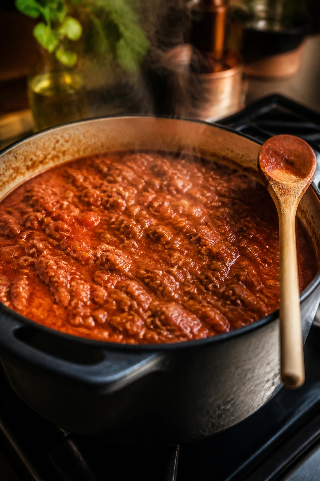Bubbling ragù in a heavy pot on a back burner