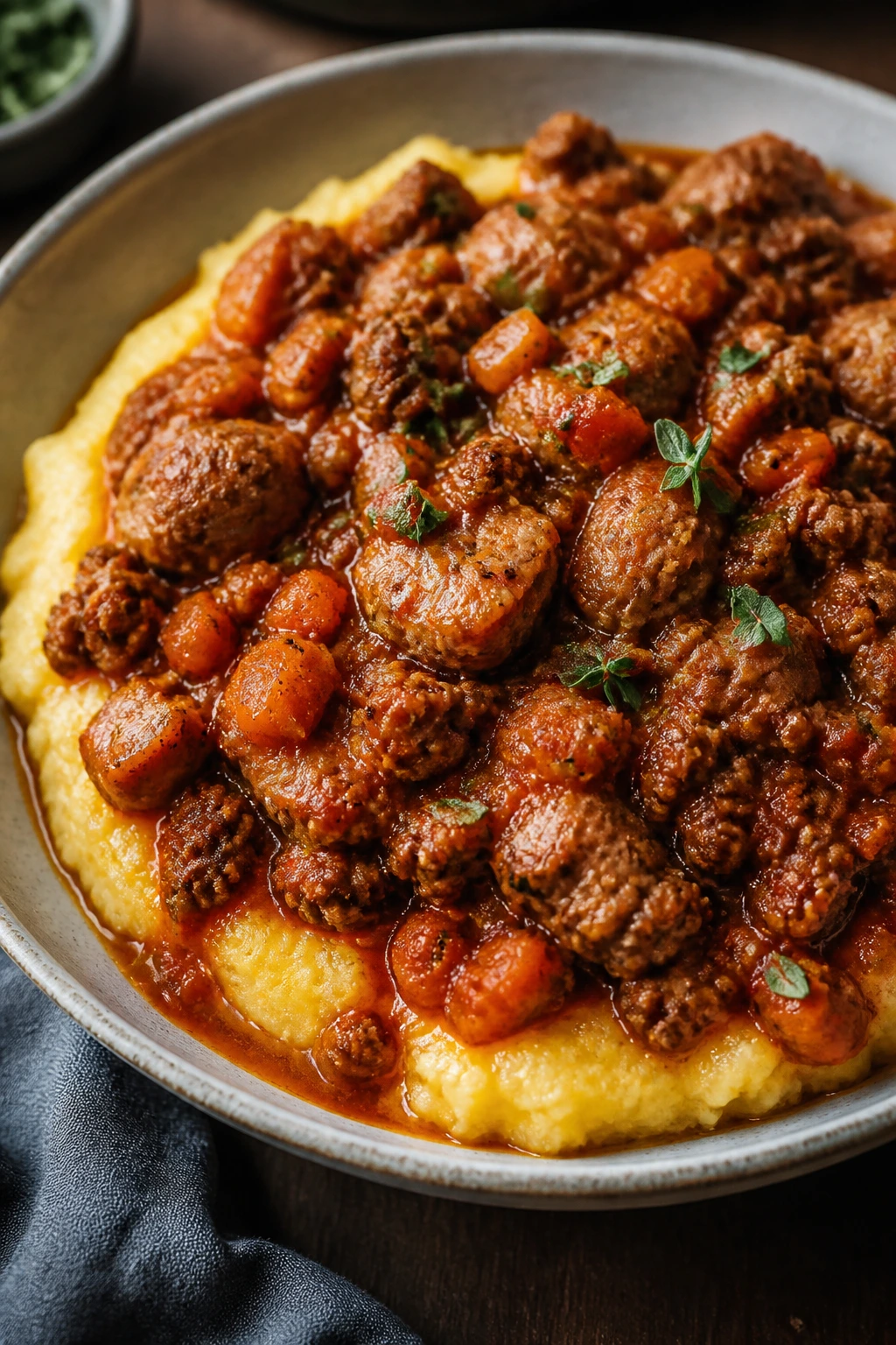 Close-up of ragu over polenta in a rustic bowl