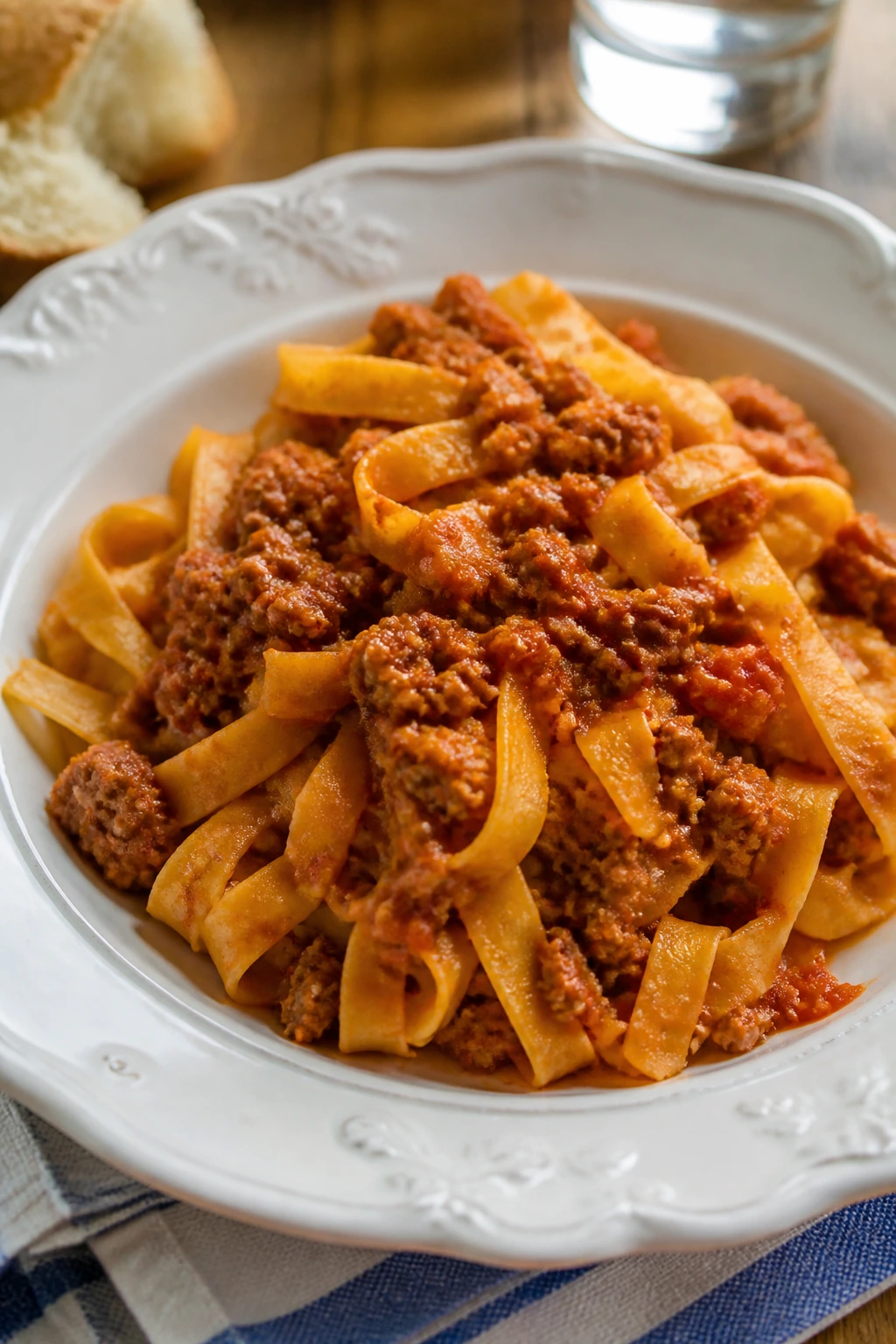 Plate of ragù over tagliatelle on a warm kitchen table
