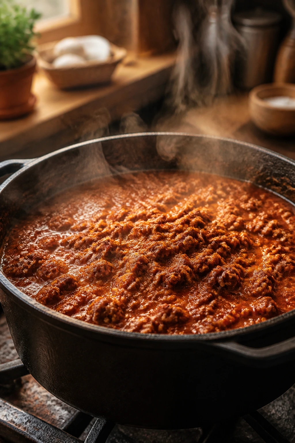 Close-up of ragù simmering in a cast-iron pot in a warm kitchen